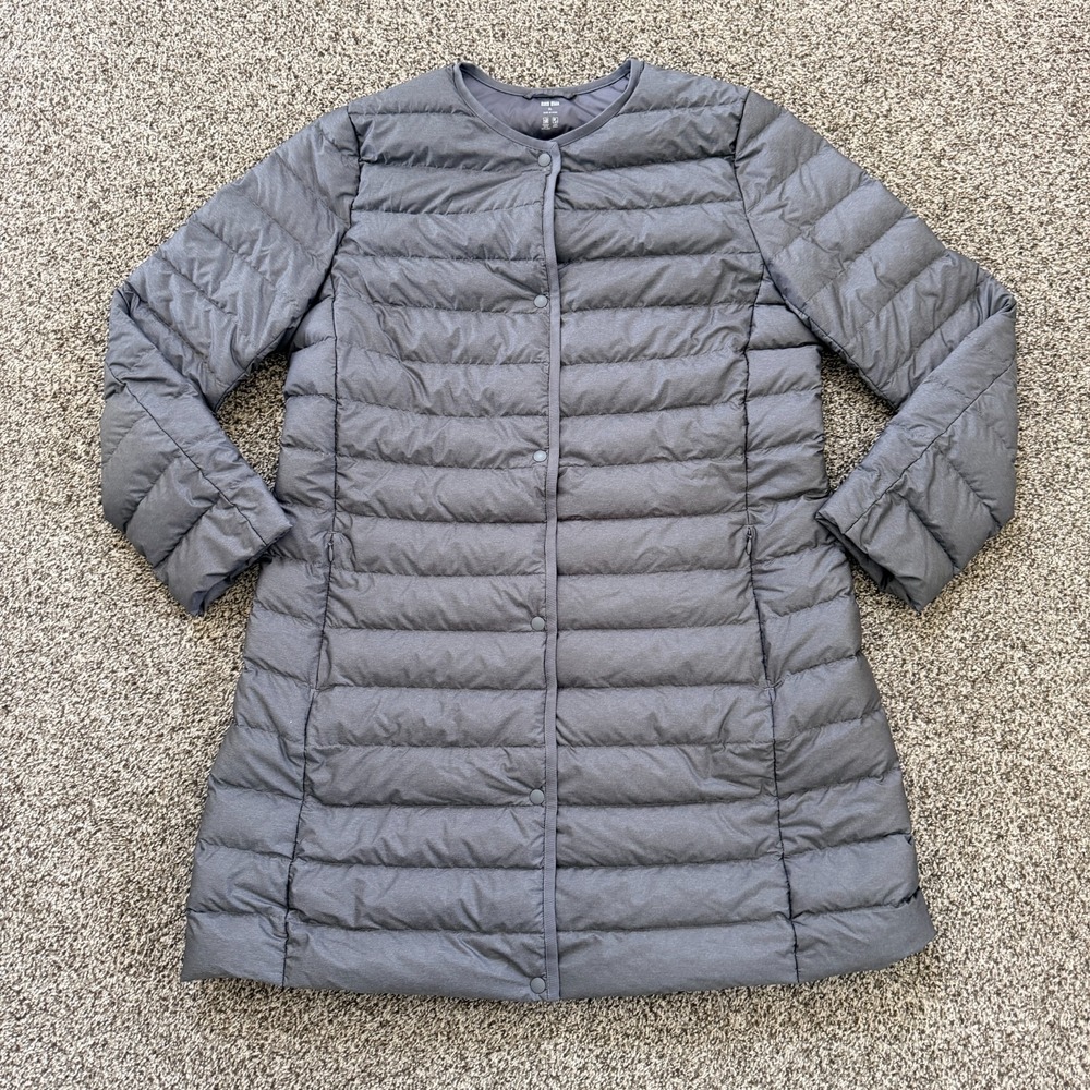 Uniqlo Ultra Light Down Puffer Compact Coat Women XL Gray Minimalist Packable